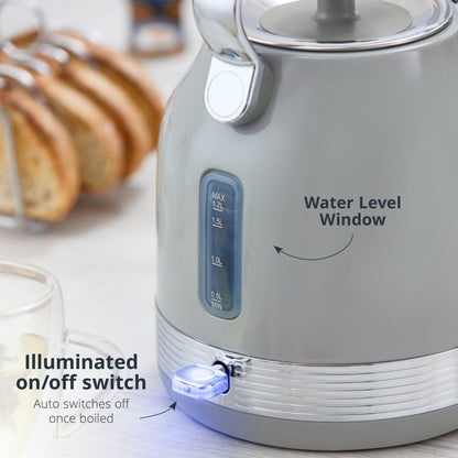 Swan Retro Pyramid Kettle, 4 Slice Toaster, Bread Bin, Canisters Kitchen Set (Grey) - Vibe Home