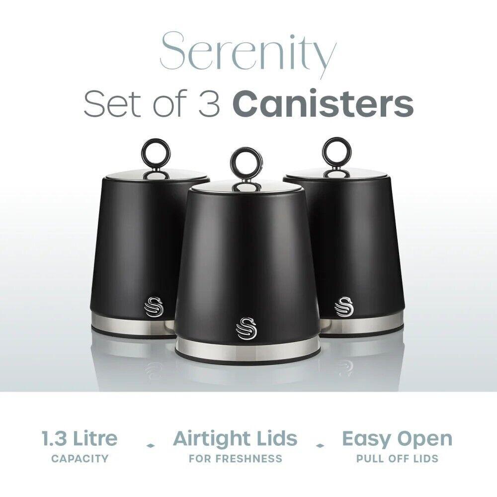 Swan Serenity Kettle, 4 Slice Toaster, Bread Bin & Canisters Kitchen Set (Black) - Vibe Home