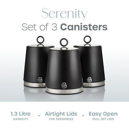 Swan Serenity Kettle, 4 Slice Toaster, Bread Bin & Canisters Kitchen Set (Black) - Vibe Home