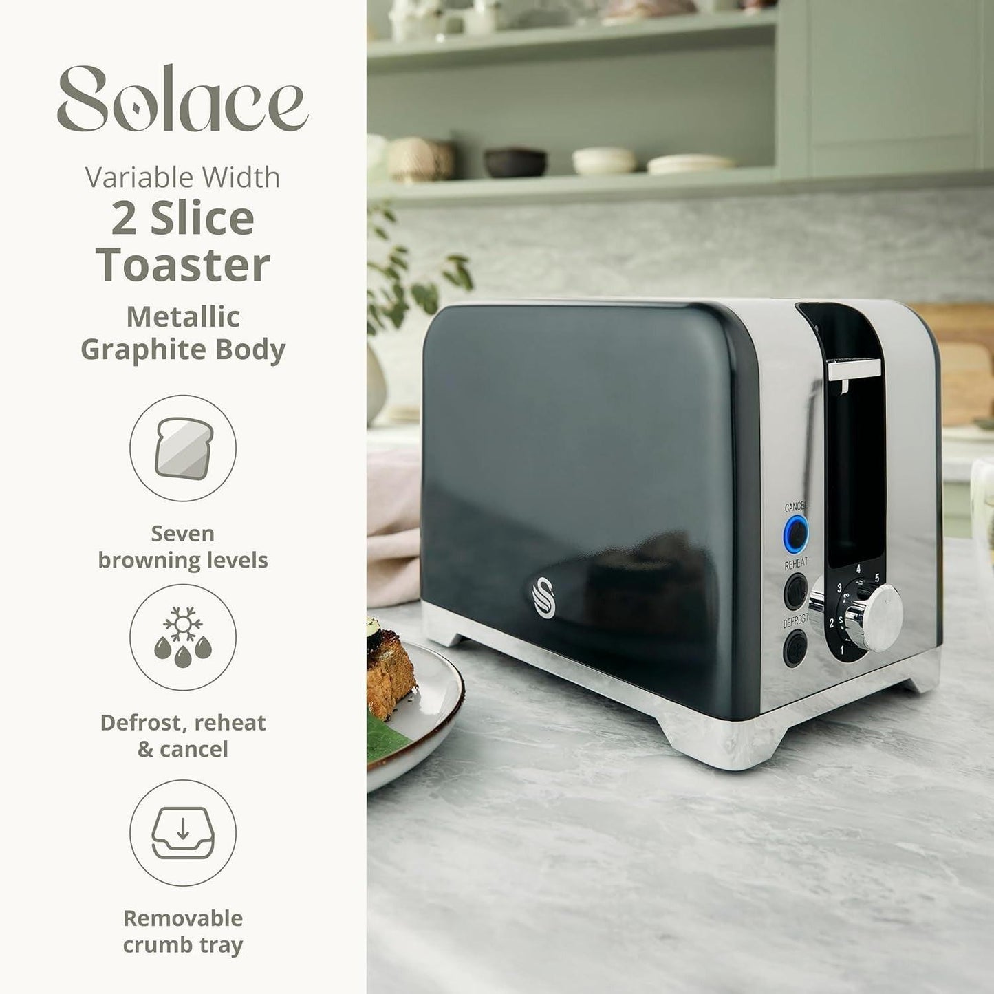 Swan Solace Kettle & 2 Slice Toaster Kitchen Set Grey (Graphite) - Vibe Home