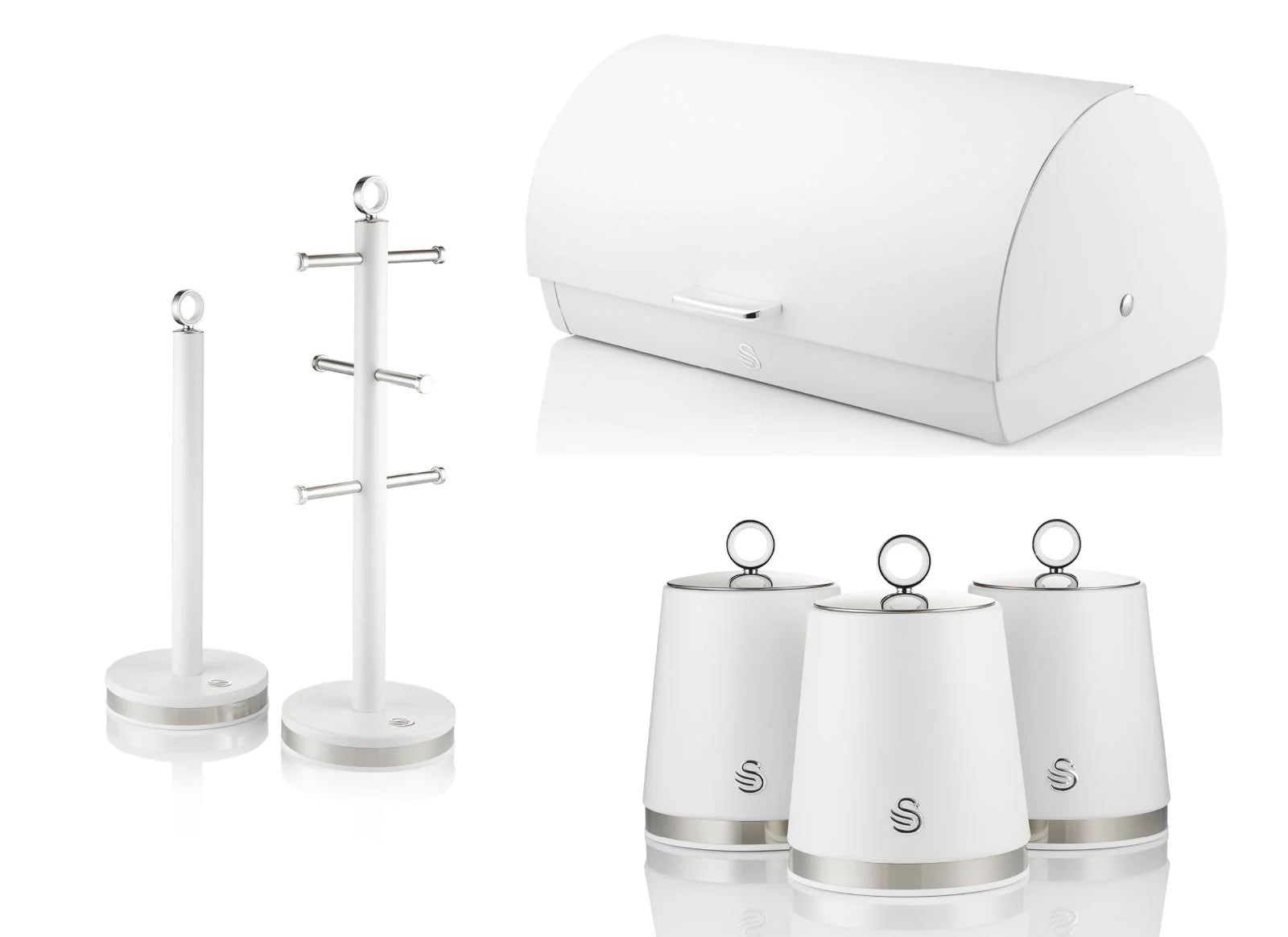 Swan Serenity Bread Bin, Canisters, Mug Tree & Towel Pole Kitchen Storage Set (White)