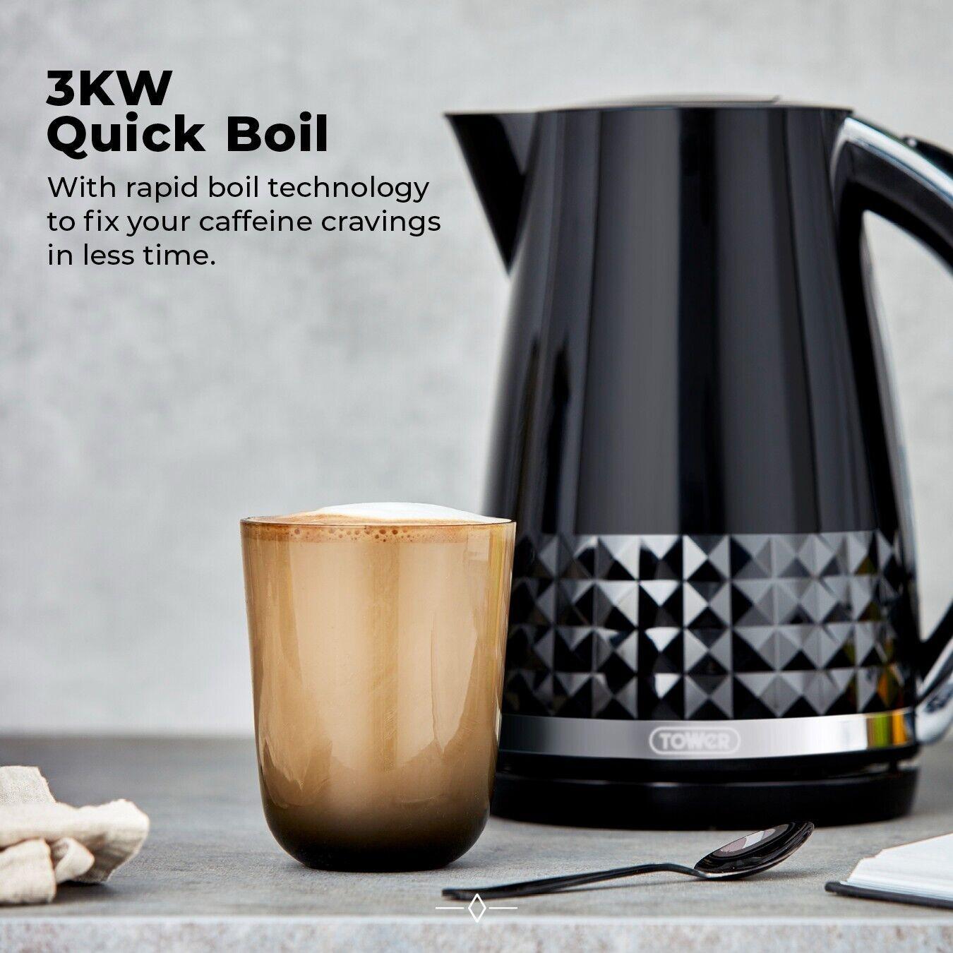 Tower Solitaire Kettle, 2 Slice Toaster, Bread Bin & Canisters Kitchen Set (Black) - Vibe Home