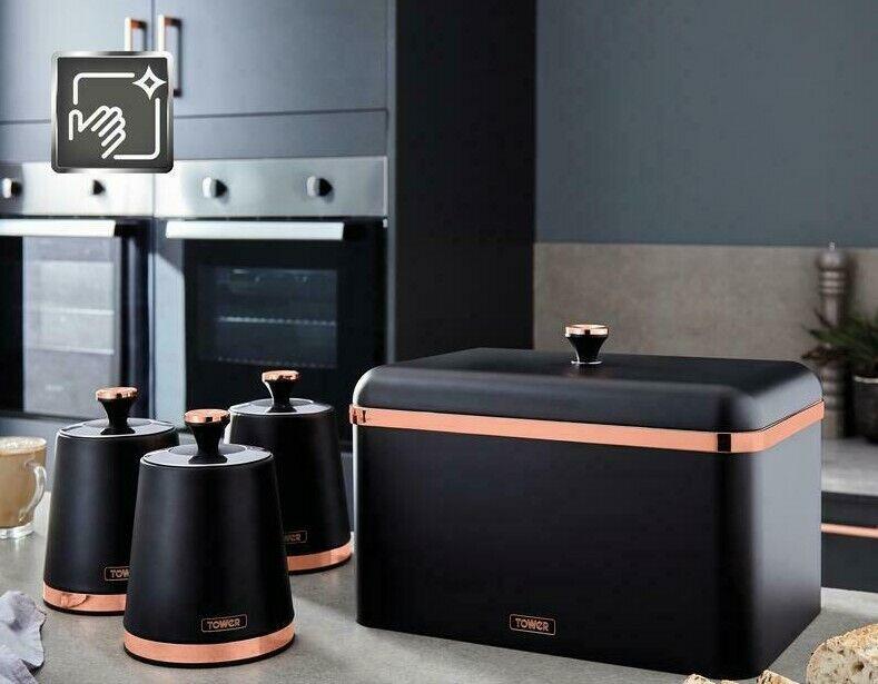 Tower Cavaletto Bread Bin & Canister Kitchen Storage Set (Black) - Vibe Home