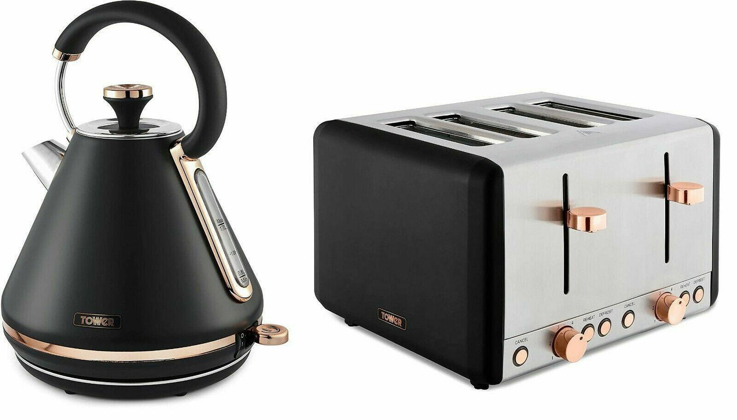 Tower Cavaletto Pyramid Kettle & 4 Slice Toaster Set (Black) - Vibe Home