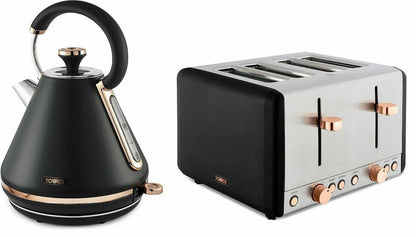 Tower Cavaletto Pyramid Kettle & 4 Slice Toaster Set (Black) - Vibe Home