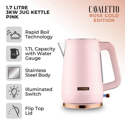Tower Cavaletto Jug Kettle, 2 Slice Toaster & Canisters Kitchen Set (Pink) - Vibe Home