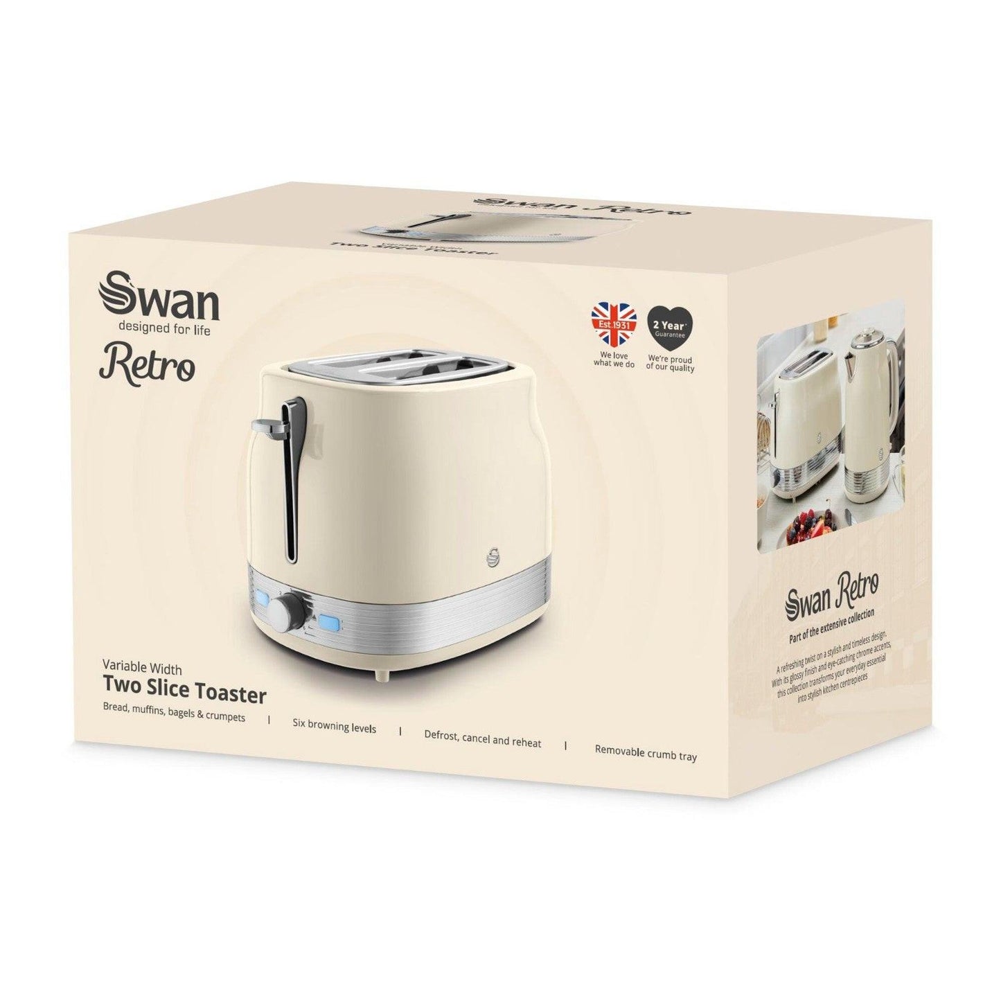 Swan Retro Jug Kettle & 2 Slice Toaster Kitchen Set (Chantilly Cream) - Vibe Home