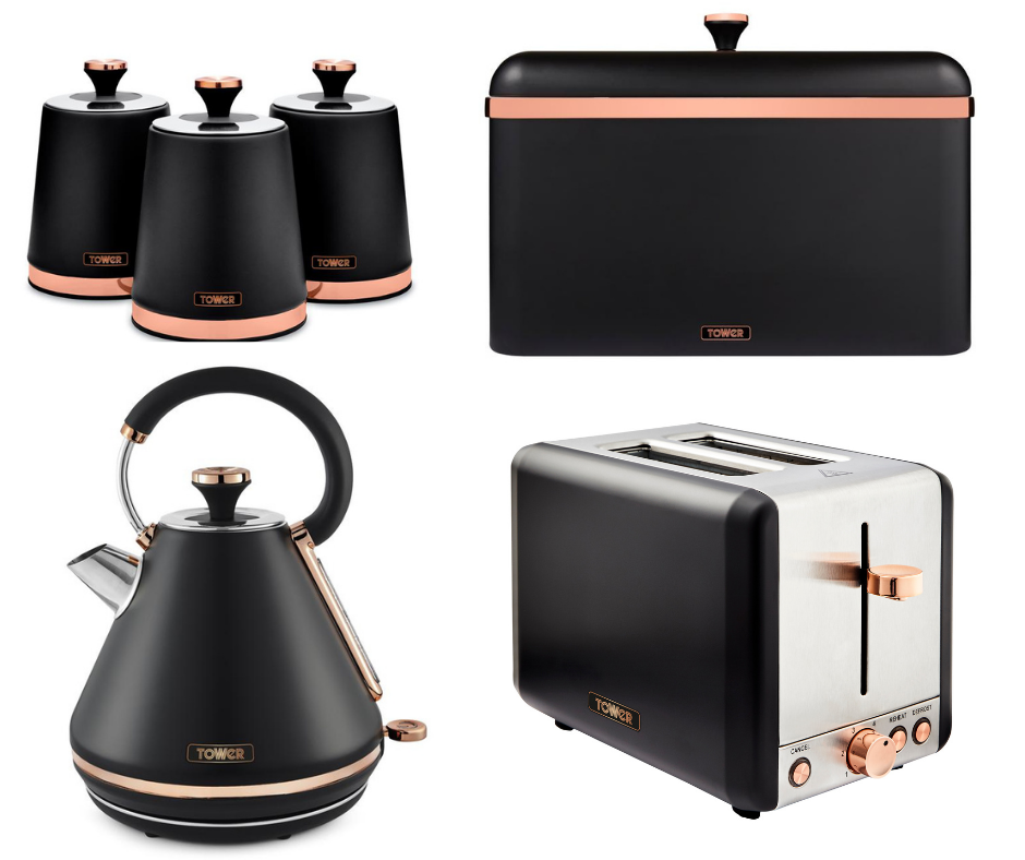 Tower Cavaletto Pyramid Kettle, 2 Slice Toaster, Canisters, Bread Bin Kitchen Set (Black) - Vibe Home