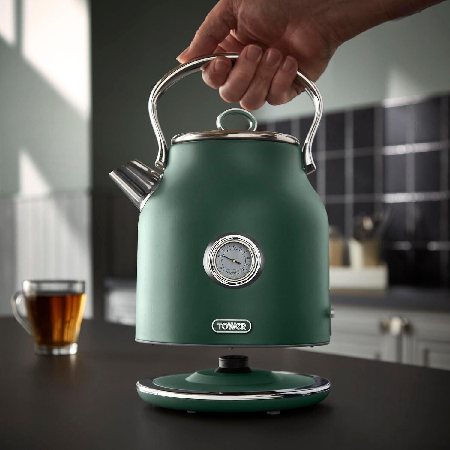 Tower Renaissance Kettle, 4 Slice Toaster, Bread Bin, Canisters Kitchen Set (Forest Green) - Vibe Home