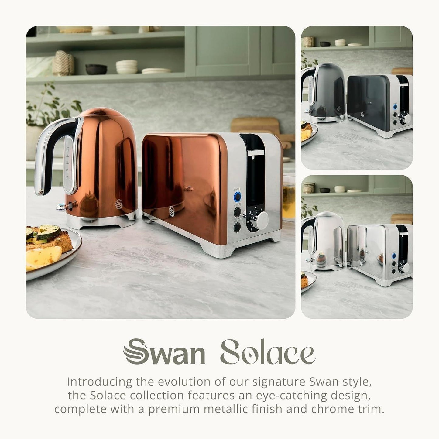 Swan Solace Kettle & 2 Slice Toaster Kitchen Set (Copper) - Vibe Home