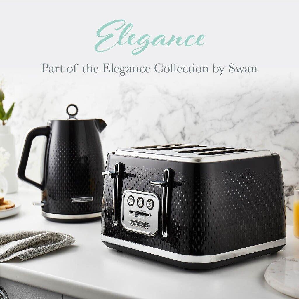 Swan Elegance Kettle, 4 Slice Toaster, Bread Bin, Canisters Kitchen Set (Black) - Vibe Home