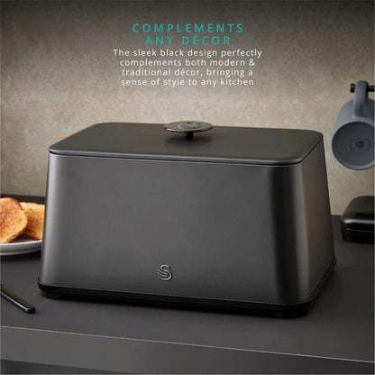 Swan Stealth Kettle, 4 Slice Toaster, Bread Bin, Canisters Kitchen Set (Matt Black) - Vibe Home