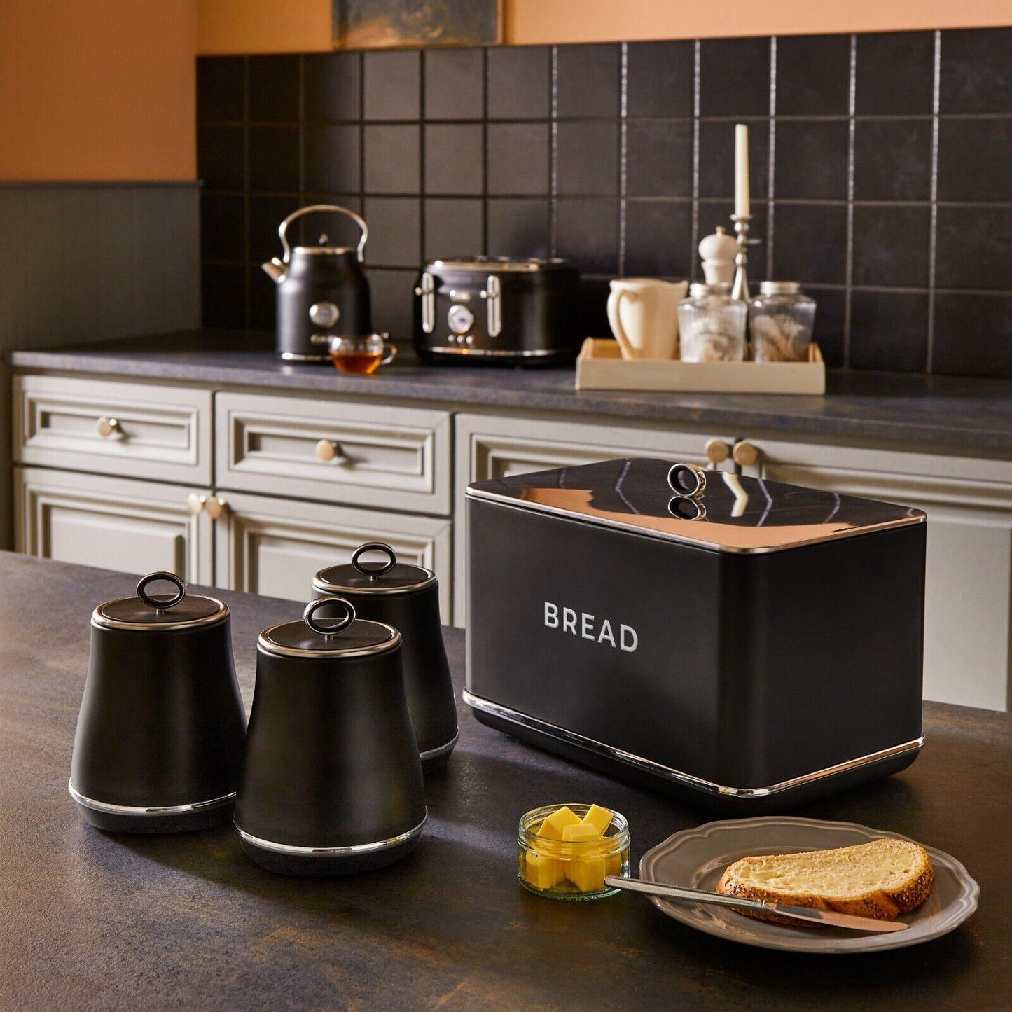 Tower Renaissance Kettle, 4 Slice Toaster, Bread Bin, Canisters Kitchen Set (Black) - Vibe Home