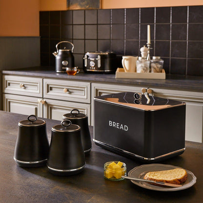 Tower Renaissance Kettle, 4 Slice Toaster, Bread Bin, Canisters Kitchen Set (Black) - Vibe Home