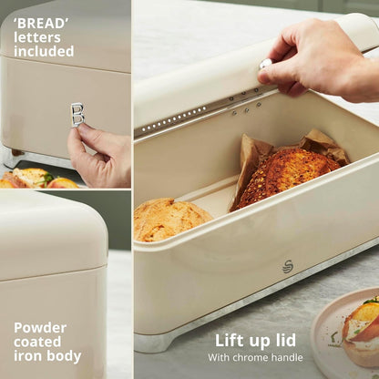 Swan Solace Cream Breadbin & 3 Canisters Kitchen Storage Set with Chrome Trim