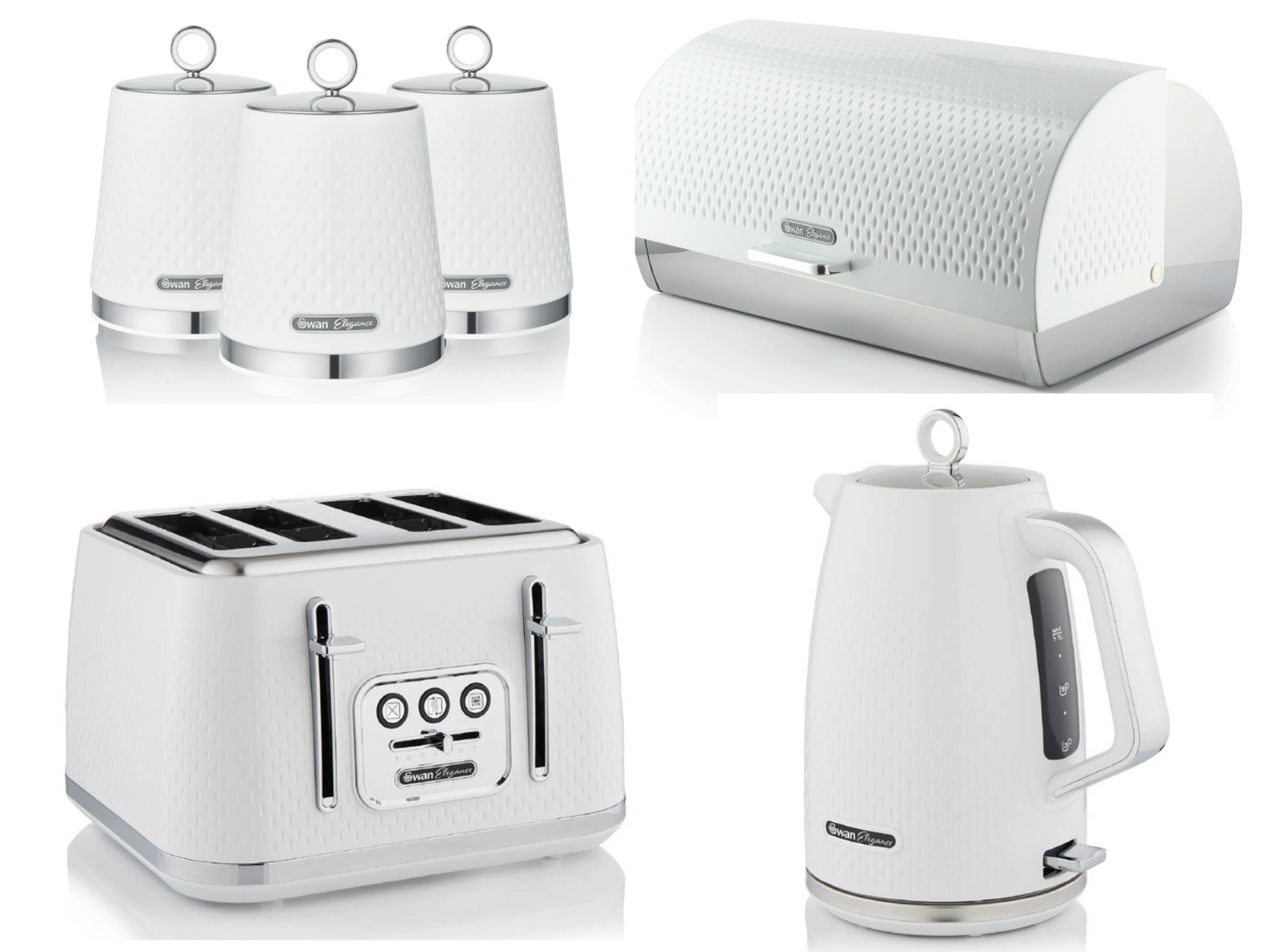 Swan Elegance Kettle, 4 Slice Toaster, Bread Bin, Canisters Kitchen Set (White) - Vibe Home