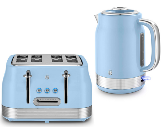 Swan Retro Kettle & 4 Slice Toaster Set (Blue) - Vibe Home