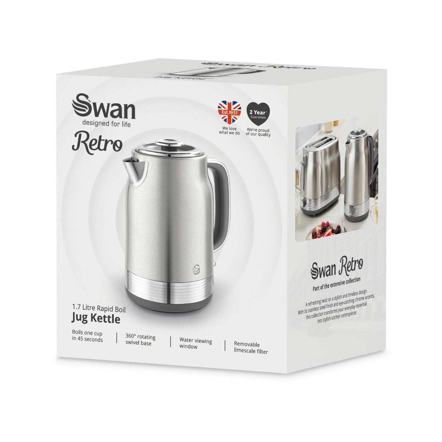 Swan Retro Jug Kettle & 2 Slice Toaster Kitchen Set Silver (Stainless Steel) - Vibe Home