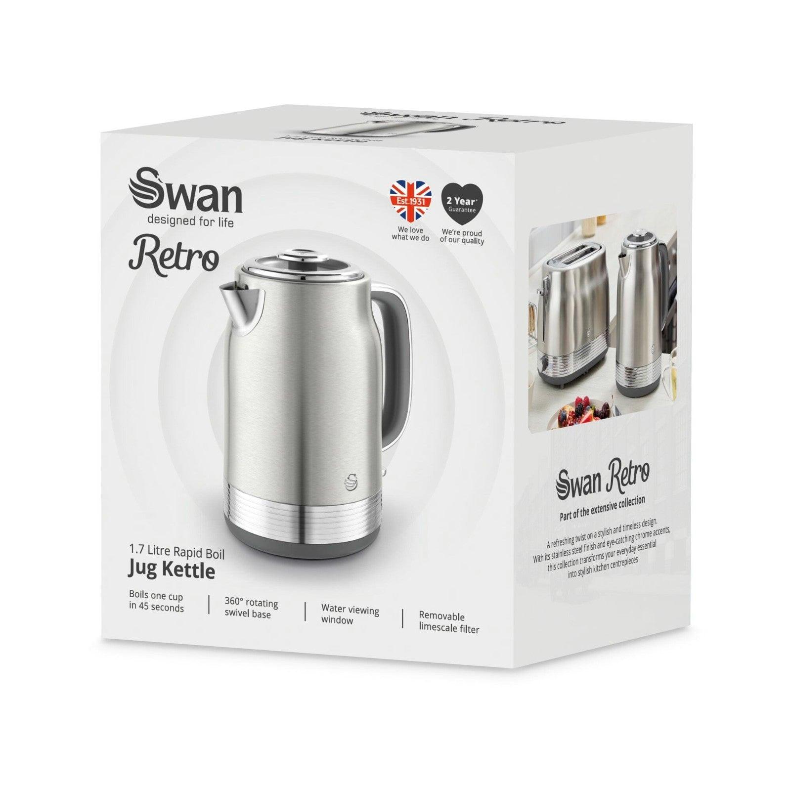 Swan Retro Jug Kettle & 2 Slice Toaster Kitchen Set Silver (Stainless Steel) - Vibe Home