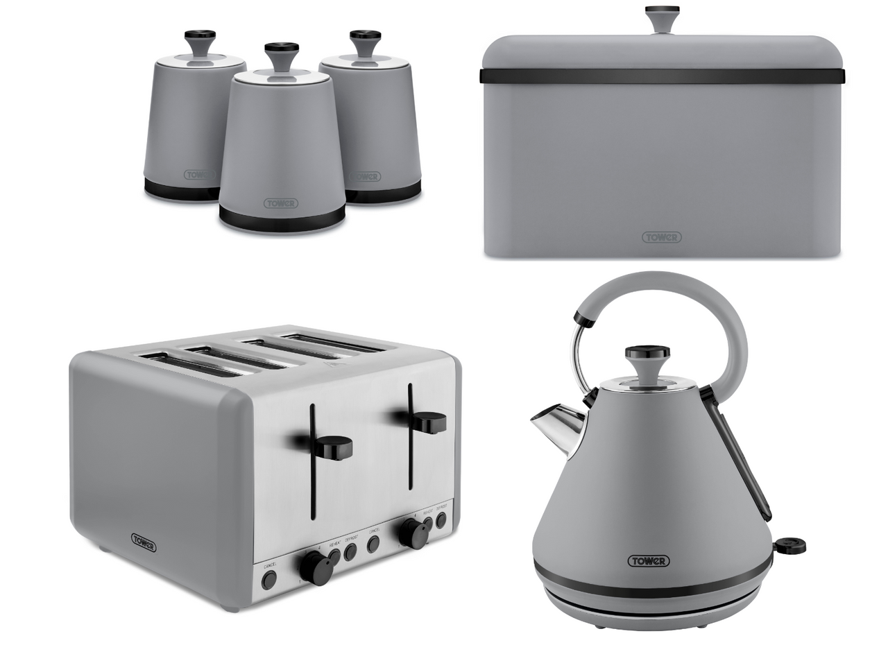 Tower Sera Grey Kettle, 4 Slice Toaster, Bread Bin, Canisters Kitchen Set (Grey) - Vibe Home