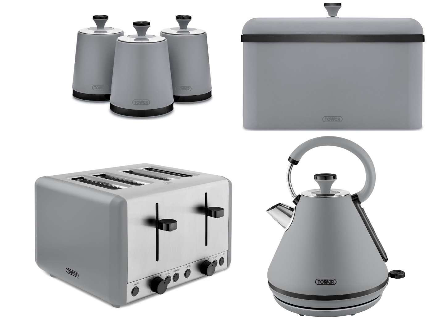 Tower Sera Grey Kettle, 4 Slice Toaster, Bread Bin, Canisters Kitchen Set (Grey) - Vibe Home