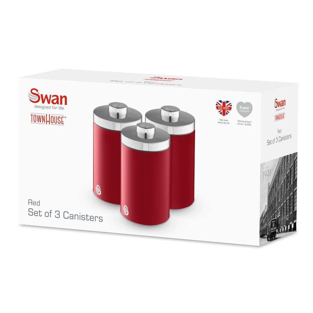 Swan Townhouse red set of 3 canisters with silver mirrored lids, shown in box