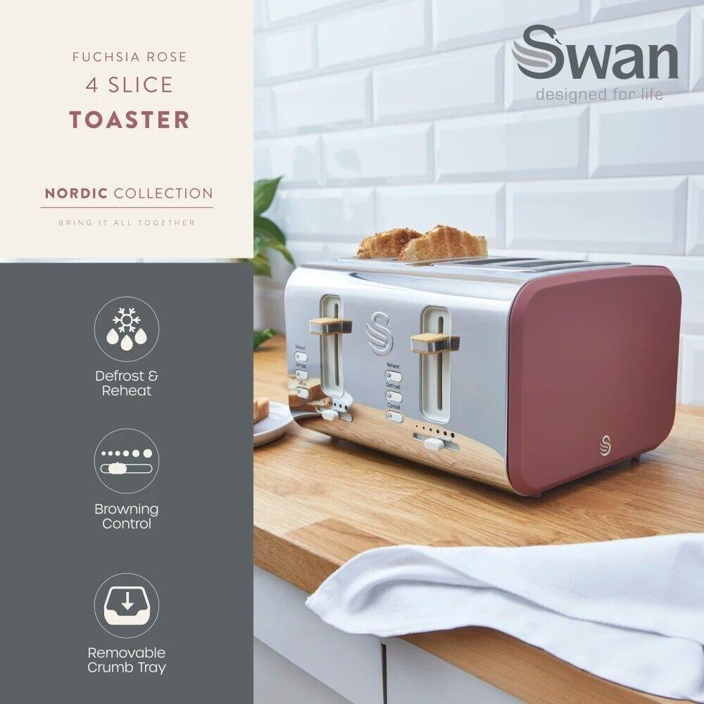 Swan Nordic Kettle, 4 Slice Toaster, Bread Bin, Canisters Kitchen Set (Fuchsia Rose) - Vibe Home