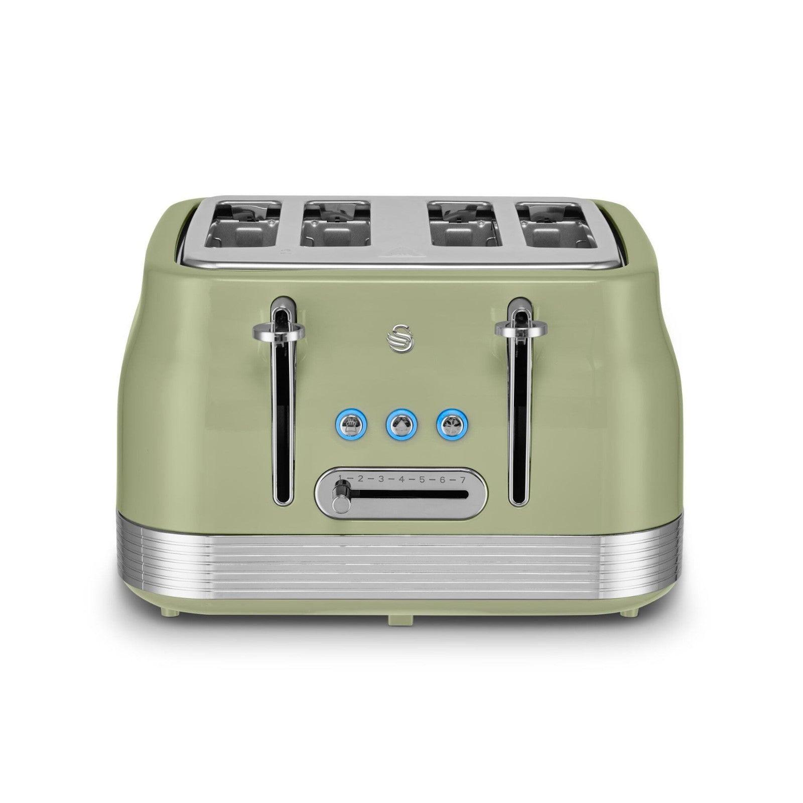 Green retro 4-slice toaster with chrome levers and browning controls