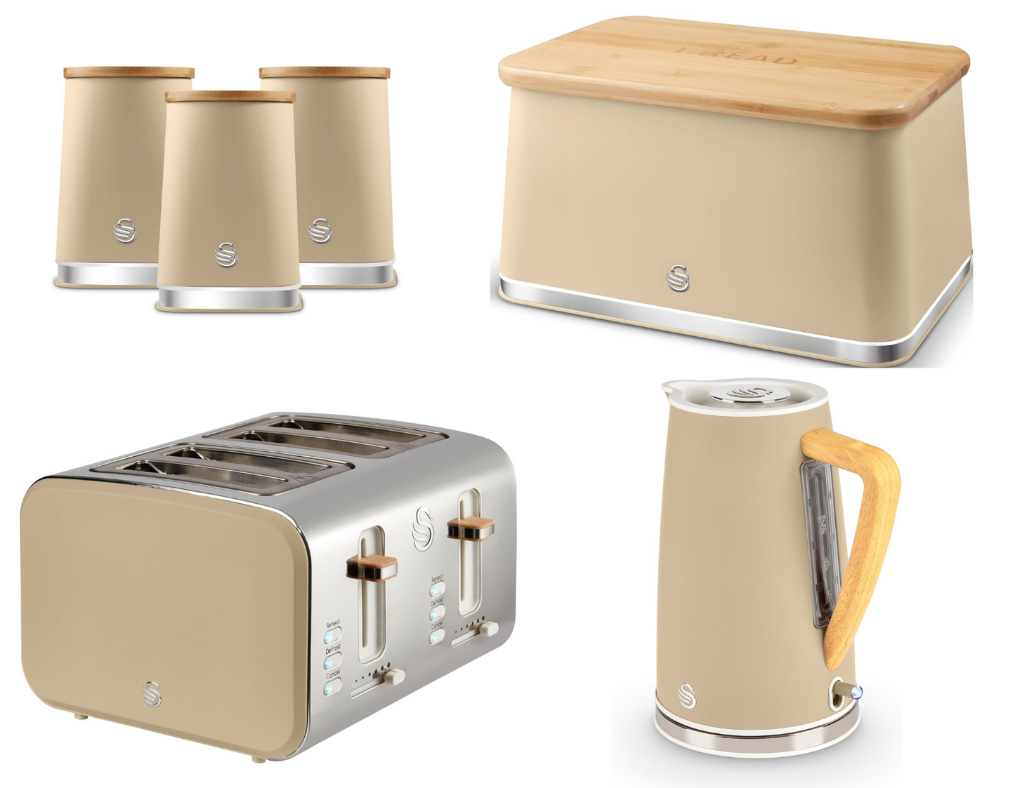 Swan Nordic Kettle, 4 Slice Toaster, Bread Bin, Canisters Kitchen Set (Oatmeal) - Vibe Home