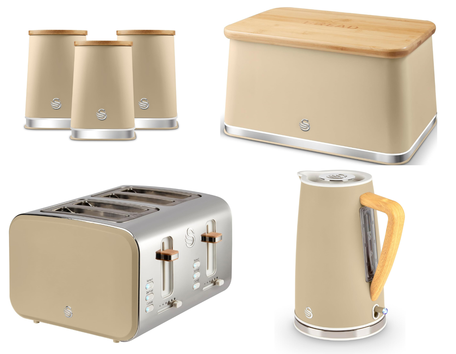 Swan Nordic Kettle, 4 Slice Toaster, Bread Bin, Canisters Kitchen Set (Oatmeal) - Vibe Home