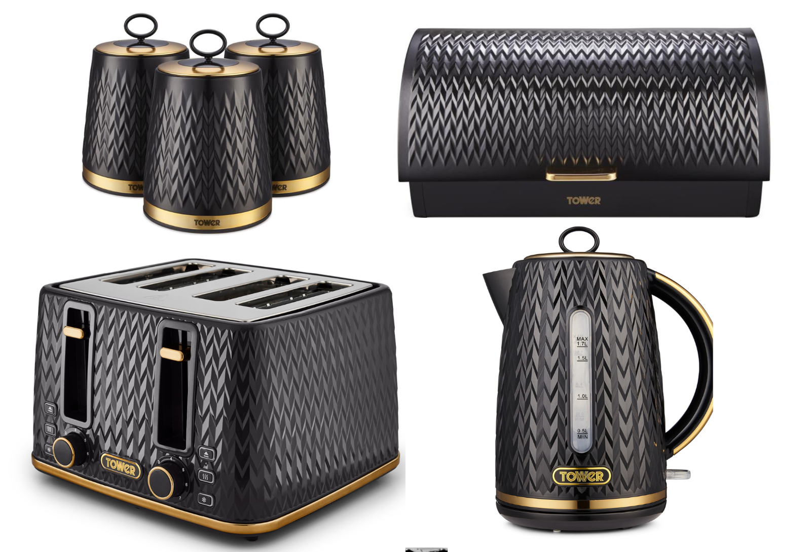Tower Empire Kettle, 4 Slice Toaster, Bread Bin, Canisters Kitchen Set (Black) - Vibe Home