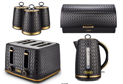Tower Empire Kettle, 4 Slice Toaster, Bread Bin, Canisters Kitchen Set (Black) - Vibe Home