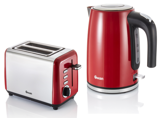 Swan Townhouse Kettle & 2 Slice Toaster Kitchen Set (Red) - Vibe Home