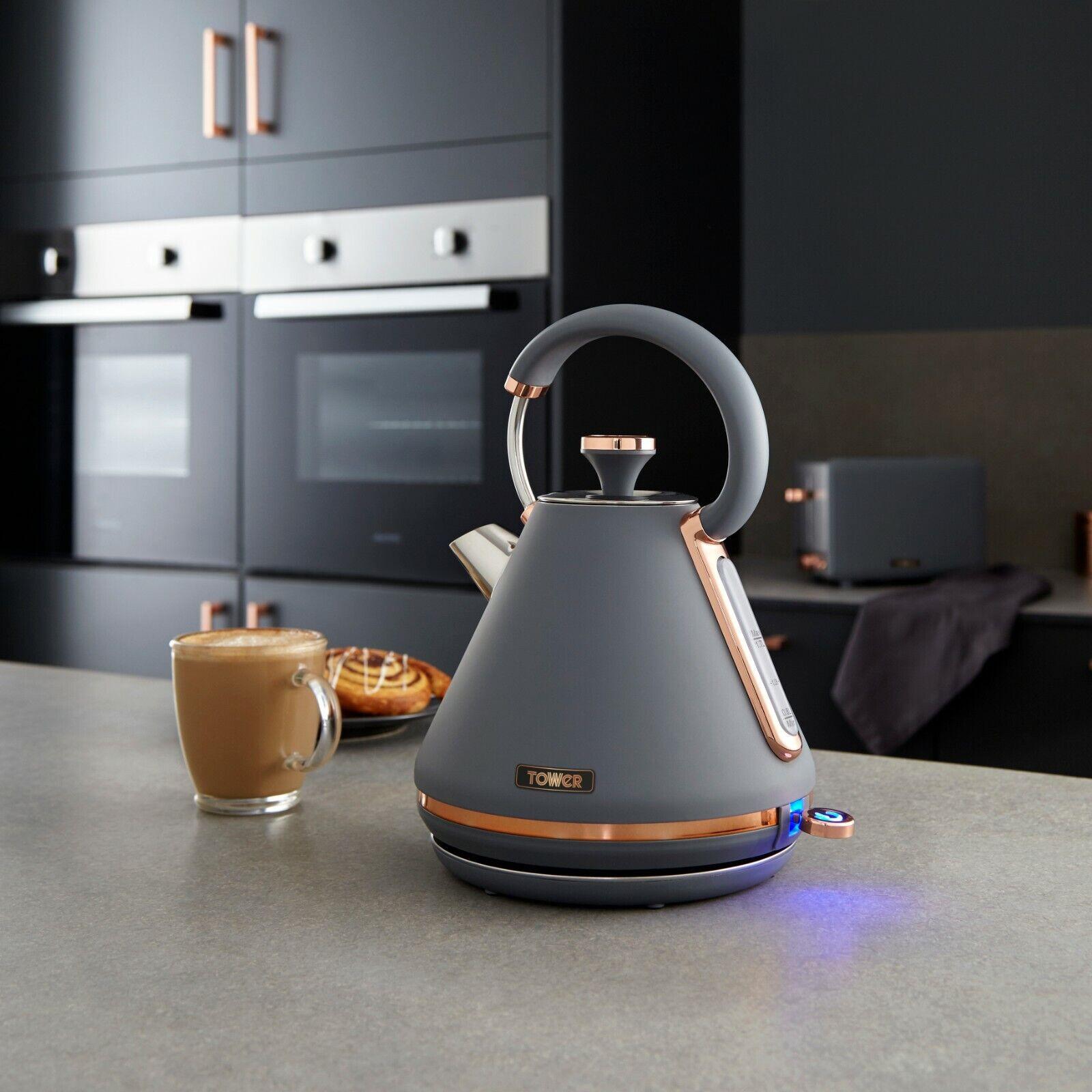 Tower Cavaletto Pyramid Kettle, 4 Slice Toaster & Canisters Kitchen Set (Grey) - Vibe Home