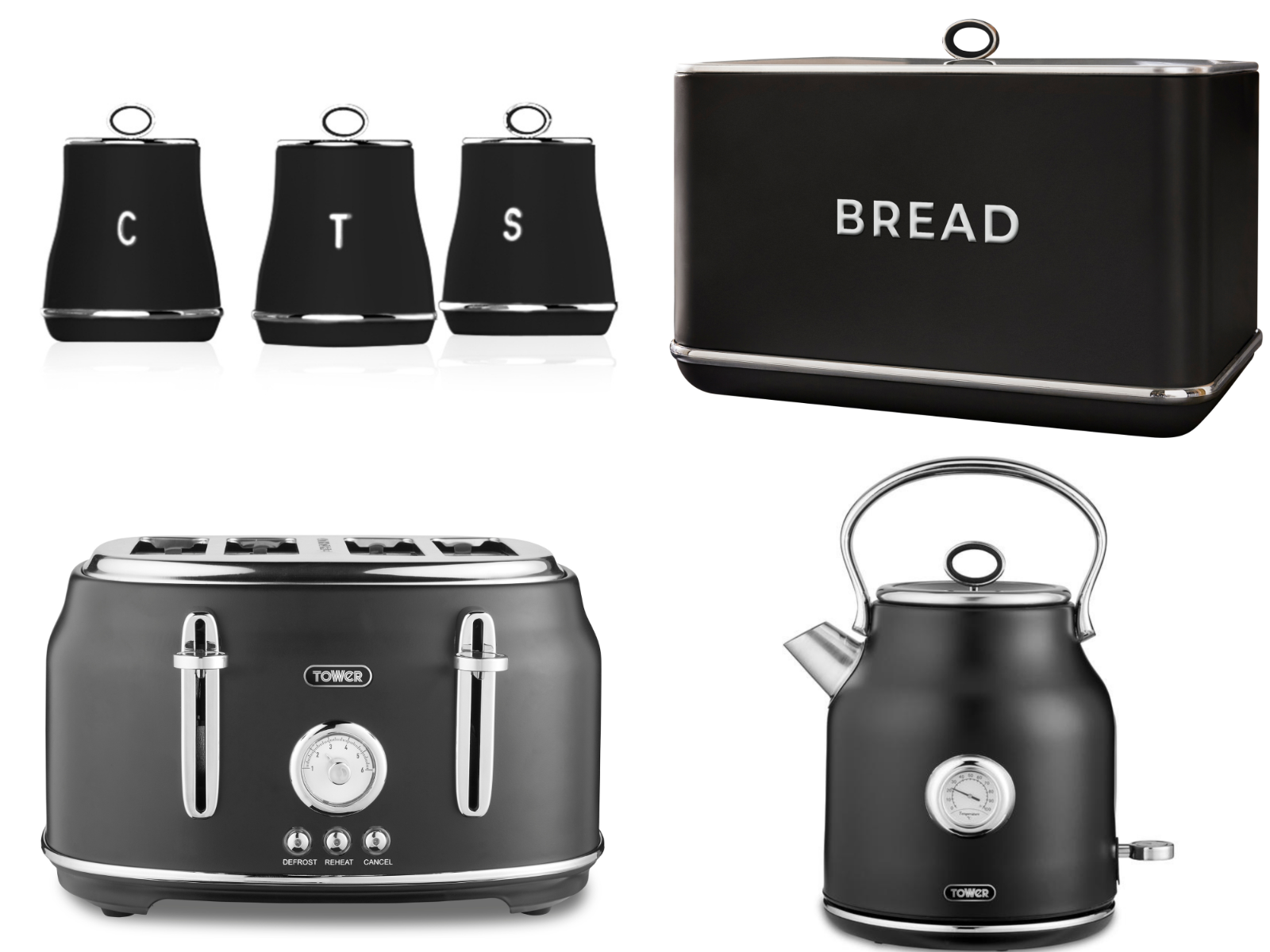 Tower Renaissance Kettle, 4 Slice Toaster, Bread Bin, Canisters Kitchen Set (Black) - Vibe Home