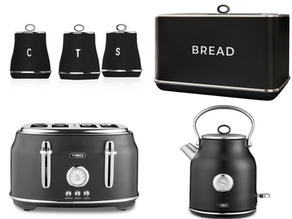 Tower Renaissance Kettle, 4 Slice Toaster, Bread Bin, Canisters Kitchen Set (Black) - Vibe Home