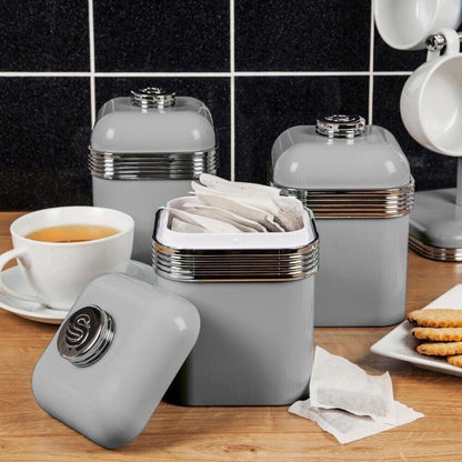 Swan Retro Pyramid Kettle, 4 Slice Toaster, Bread Bin, Canisters Kitchen Set (Grey) - Vibe Home