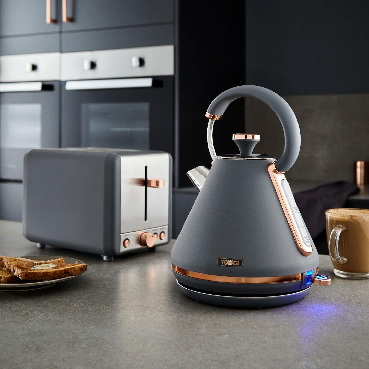 Tower Cavaletto Pyramid Kettle, 2 Slice Toaster & Canisters Kitchen Set (Grey) - Vibe Home