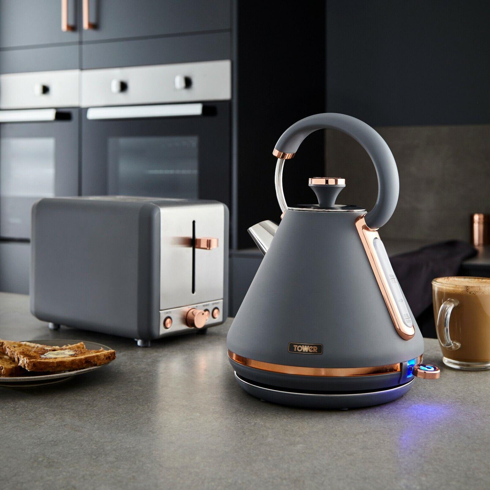 Tower Cavaletto Pyramid Kettle, 2 Slice Toaster & Canisters Kitchen Set (Grey) - Vibe Home