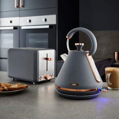 Tower Cavaletto Pyramid Kettle, 2 Slice Toaster & Canisters Kitchen Set (Grey) - Vibe Home