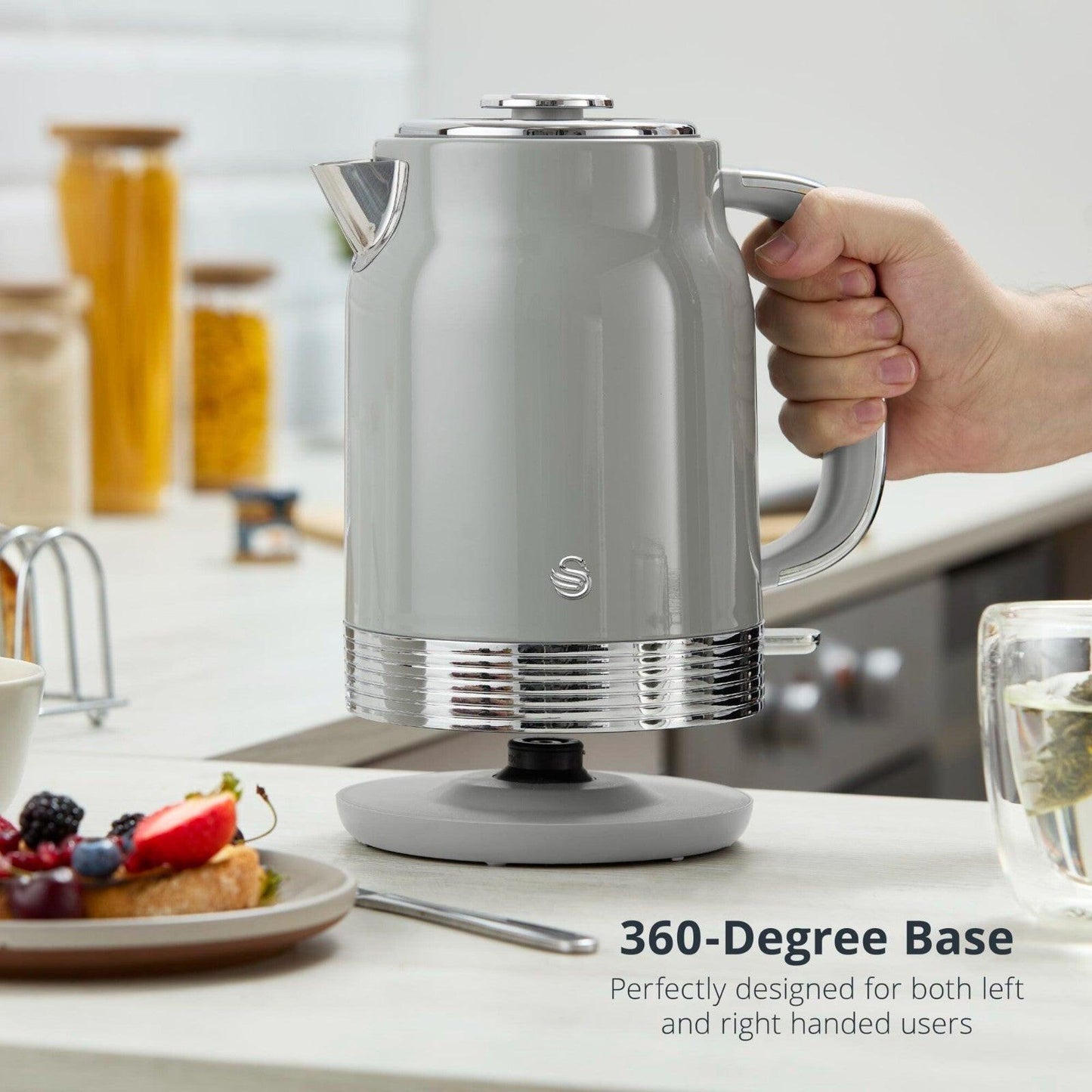 Swan Retro Jug Kettle, 4 Slice Toaster, Bread Bin & Canisters Kitchen Set (Grey) - Vibe Home