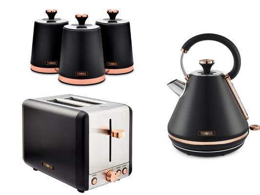 Tower Cavaletto Pyramid Kettle, 2 Slice Toaster & Canister Set (Black) - Vibe Home