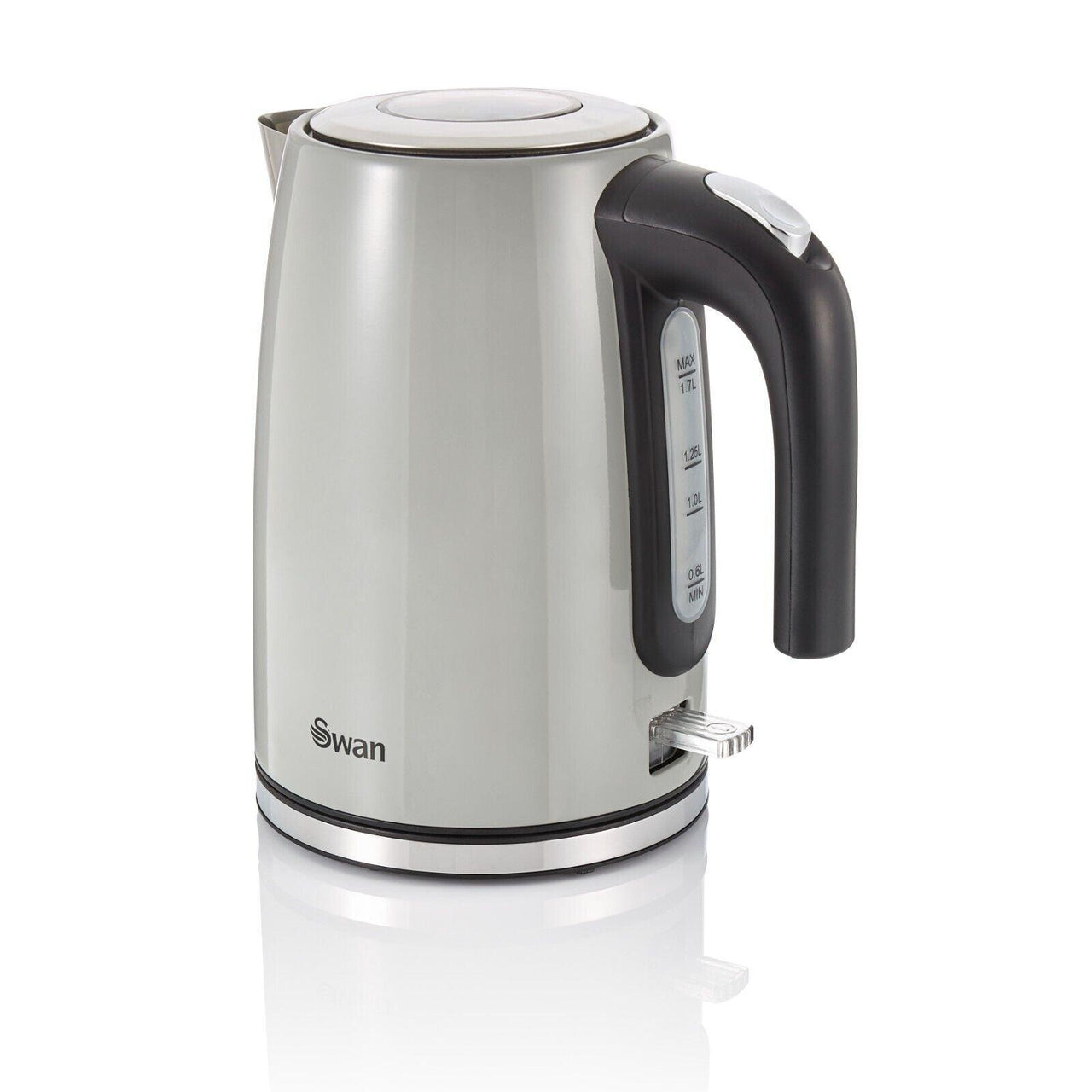 Grey Swan electric kettle with black handle and water level window