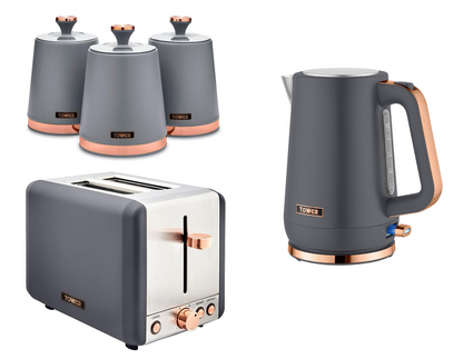 Tower Cavaletto Jug Kettle, 2 Slice Toaster & Canisters Kitchen Set (Grey) - Vibe Home