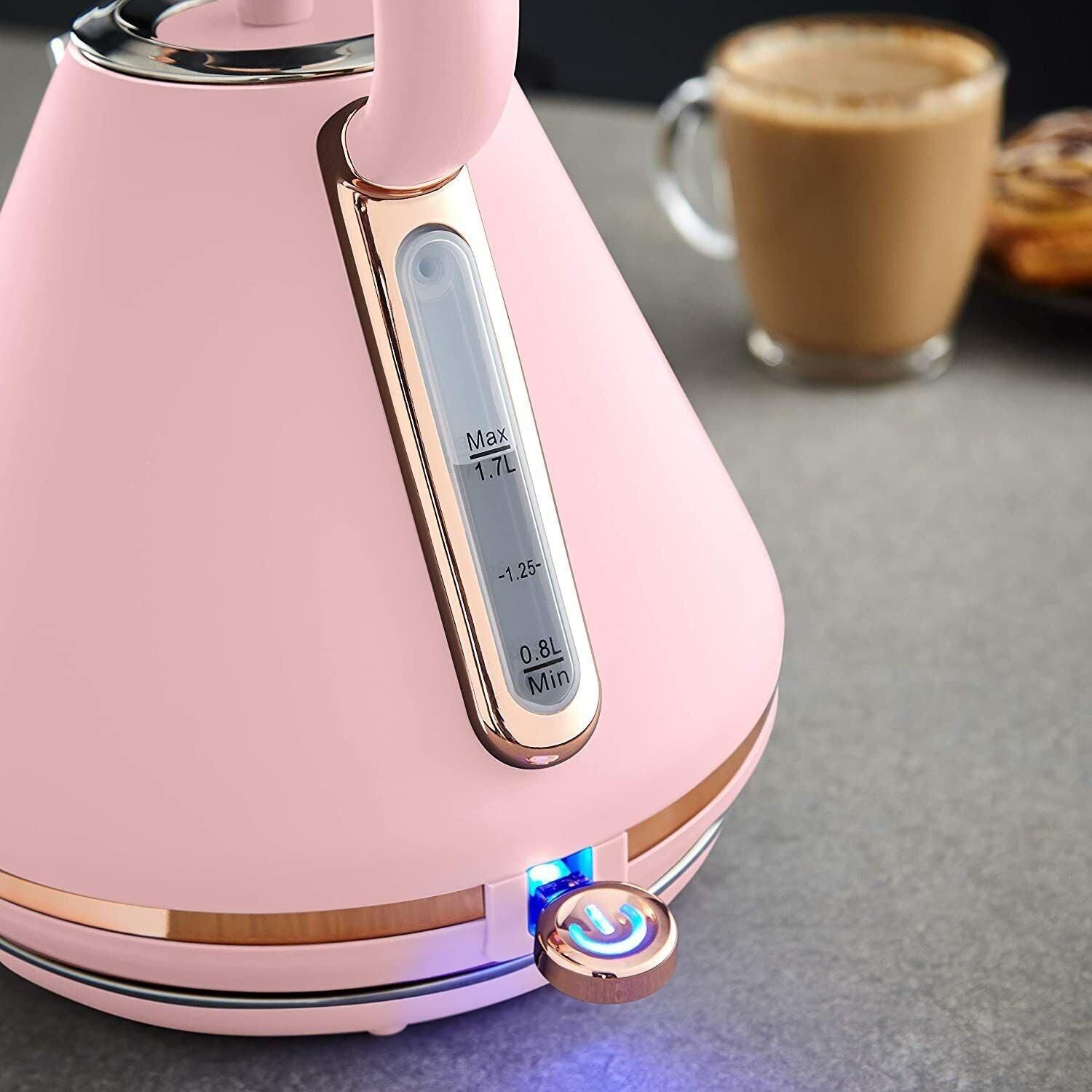 Tower Cavaletto Pyramid Kettle, 4 Slice Toaster, Bread Bin, Canisters Kitchen Set (Pink) - Vibe Home
