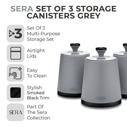 Tower Sera Grey Kettle, 4 Slice Toaster, Bread Bin, Canisters Kitchen Set (Grey) - Vibe Home