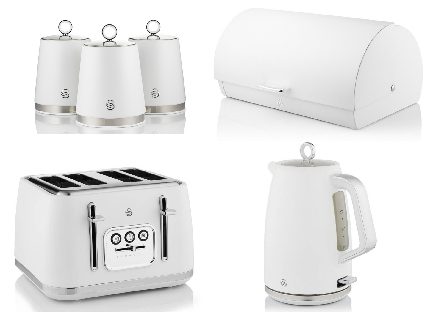 Swan Serenity Kettle, 4 Slice Toaster, Bread Bin & Canisters Kitchen Set (White) - Vibe Home