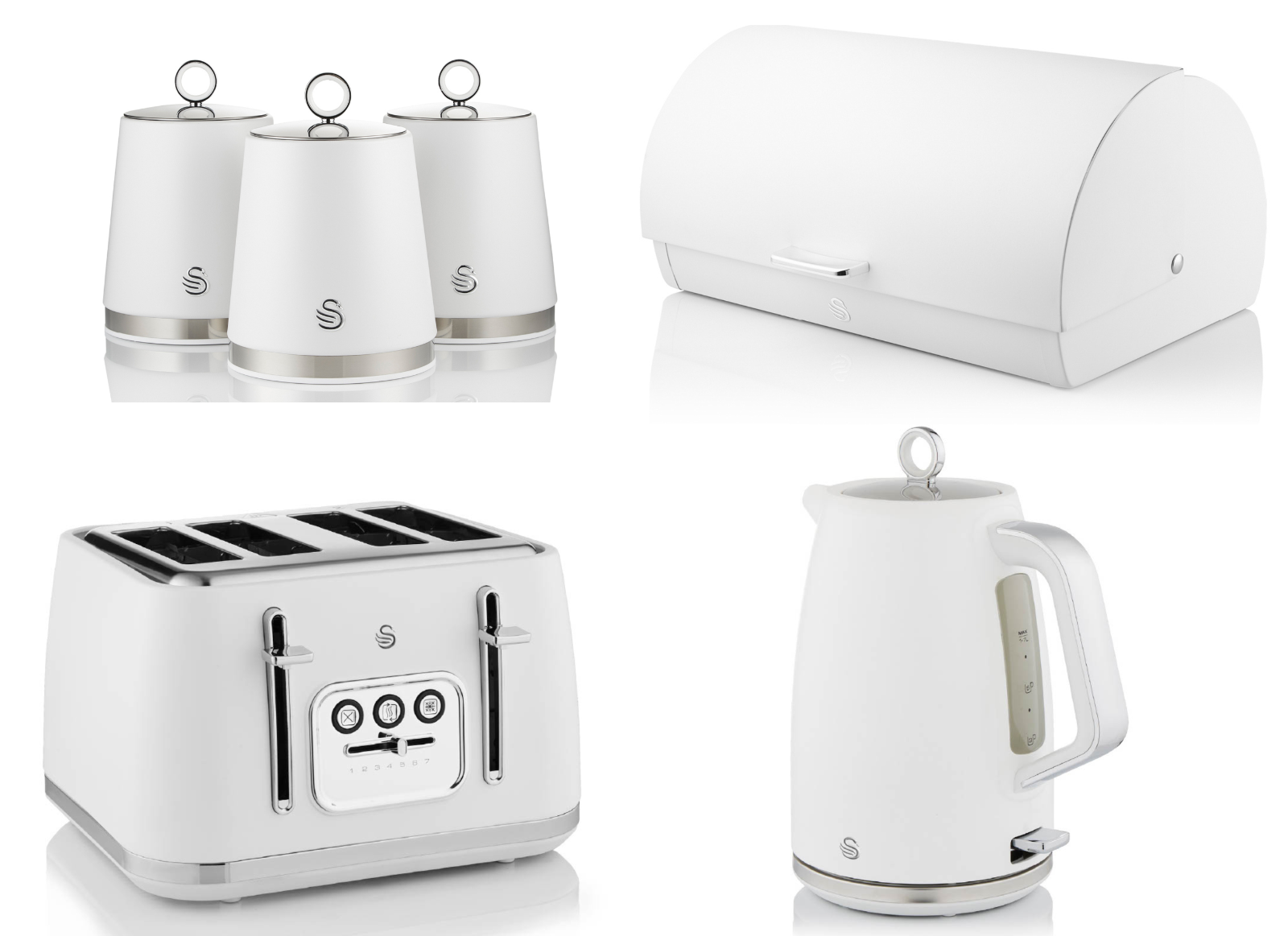 Swan Serenity Kettle, 4 Slice Toaster, Bread Bin & Canisters Kitchen Set (White) - Vibe Home