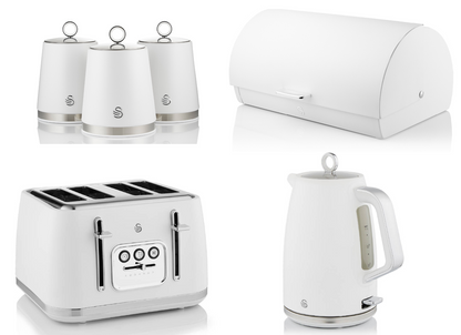 Swan Serenity Kettle, 4 Slice Toaster, Bread Bin & Canisters Kitchen Set (White) - Vibe Home