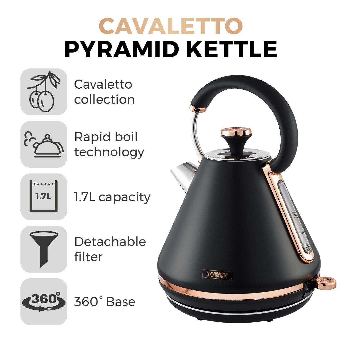 Tower Cavaletto Pyramid Kettle, 2 Slice Toaster & Canister Set (Black) - Vibe Home